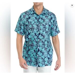 Vineyard Vines Dockside Floral Printed Linen Shirt Men Size L Navy Blue